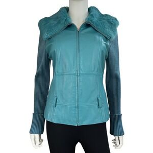 Ruby Cho‎ Jacket Womens Medium Teal Lamb Leather Rabbit Fur Trim
